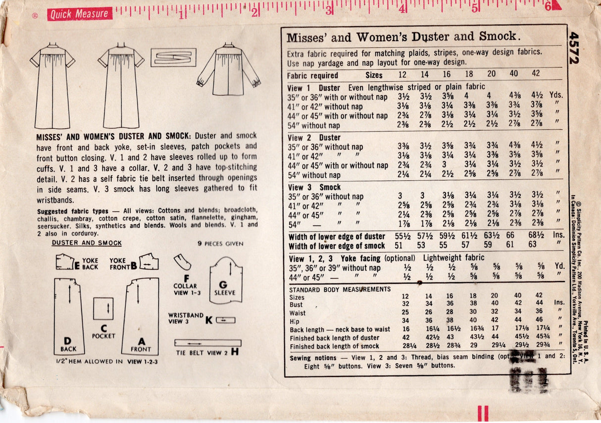 1960's Simplicity Duster or Smock pattern - Bust 38" - No. 4572