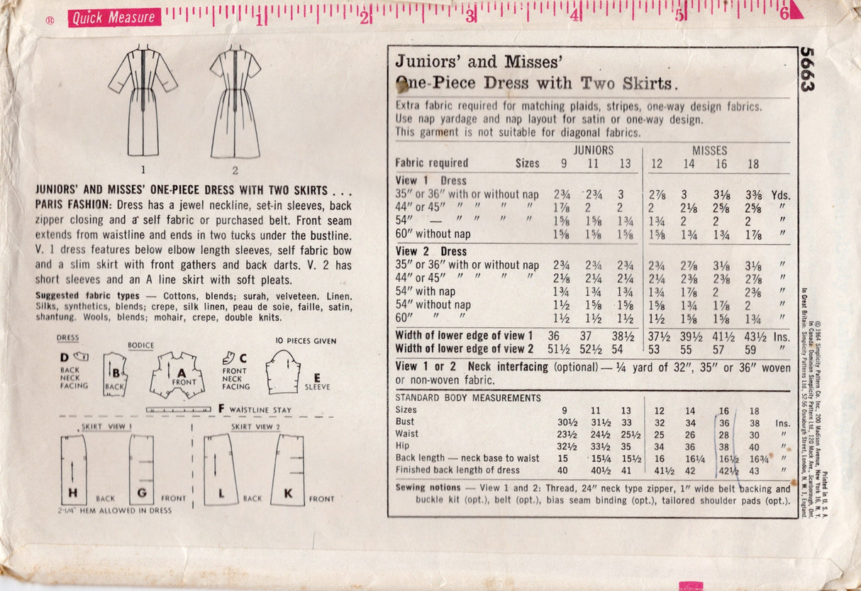 1960's Simplicity “Paris Fashion” Dress Pattern - Bust 36" - No. 5663