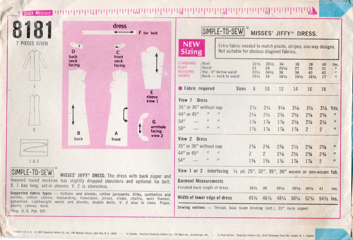 1960's Simplicity Jiffy Dress Pattern - Bust 36" - No. 8181