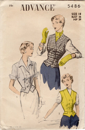 1950's Advance Princess Line Weskit Vest and Jacket Pattern - Bust 36