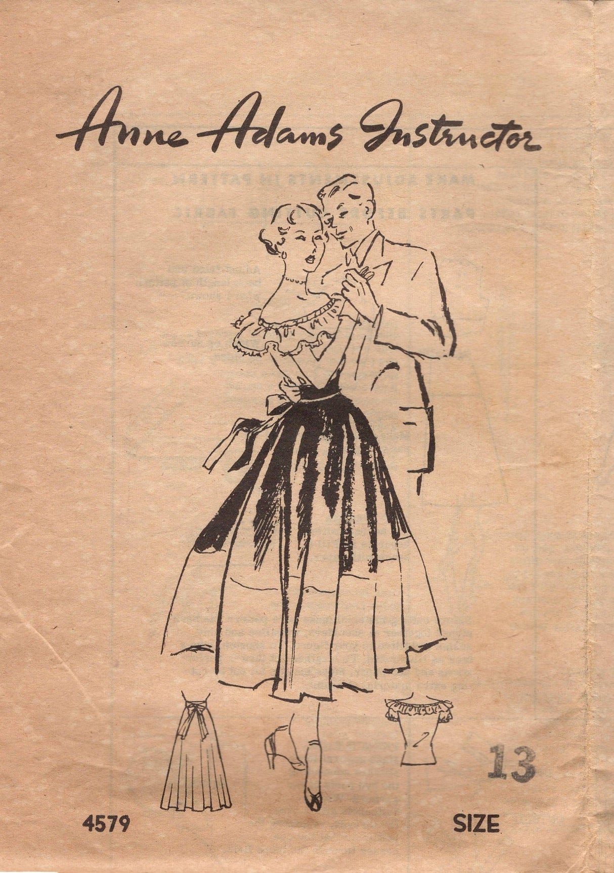 1950's Anne Adams Off the Shoulder Blouse with Ruffle and Circle Skirt with Band Accent Pattern - Bust 31" - No. 4579