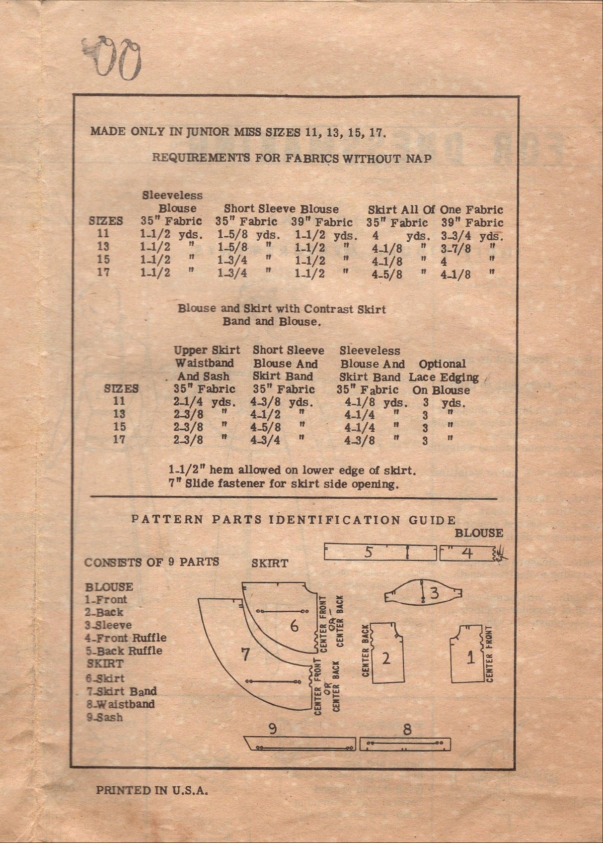 1950's Anne Adams Off the Shoulder Blouse with Ruffle and Circle Skirt with Band Accent Pattern - Bust 31" - No. 4579