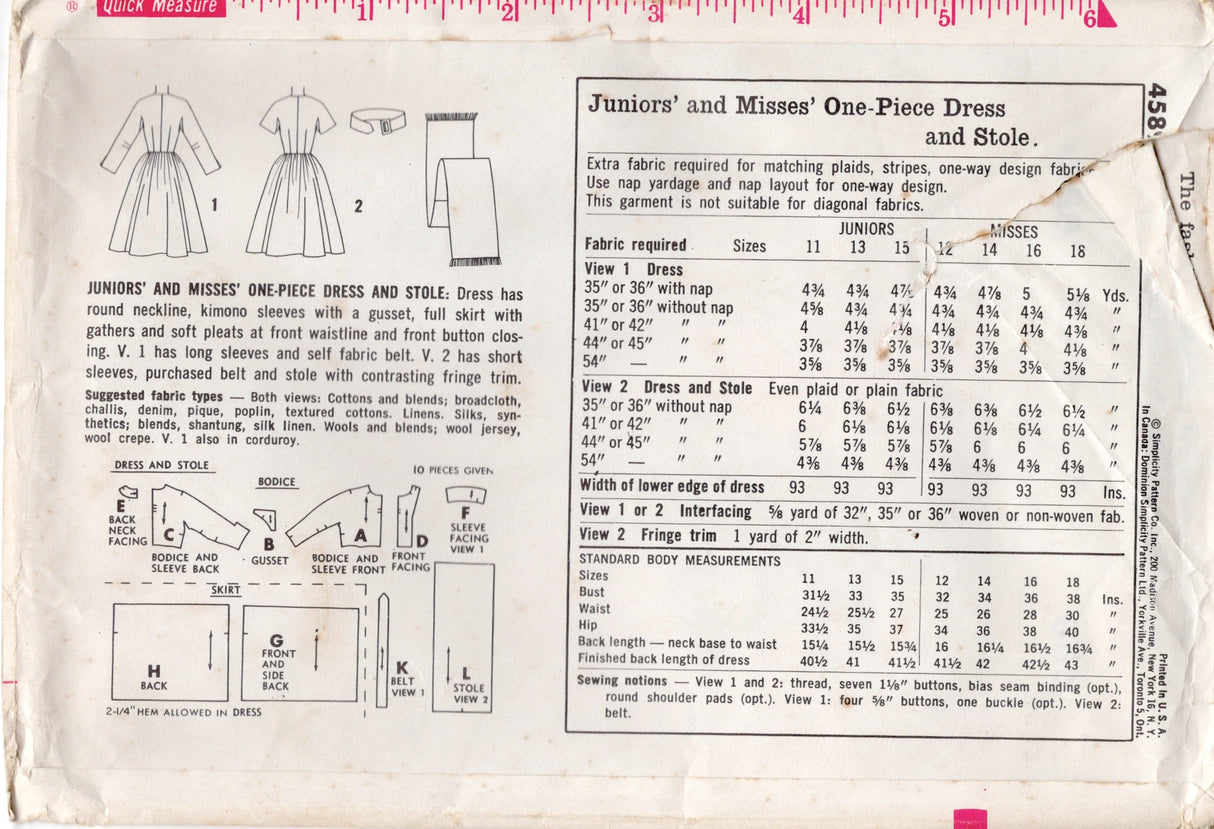 1960's Simplicity Fit and Flare Button Up Dress pattern - Bust 34" - No. 4589