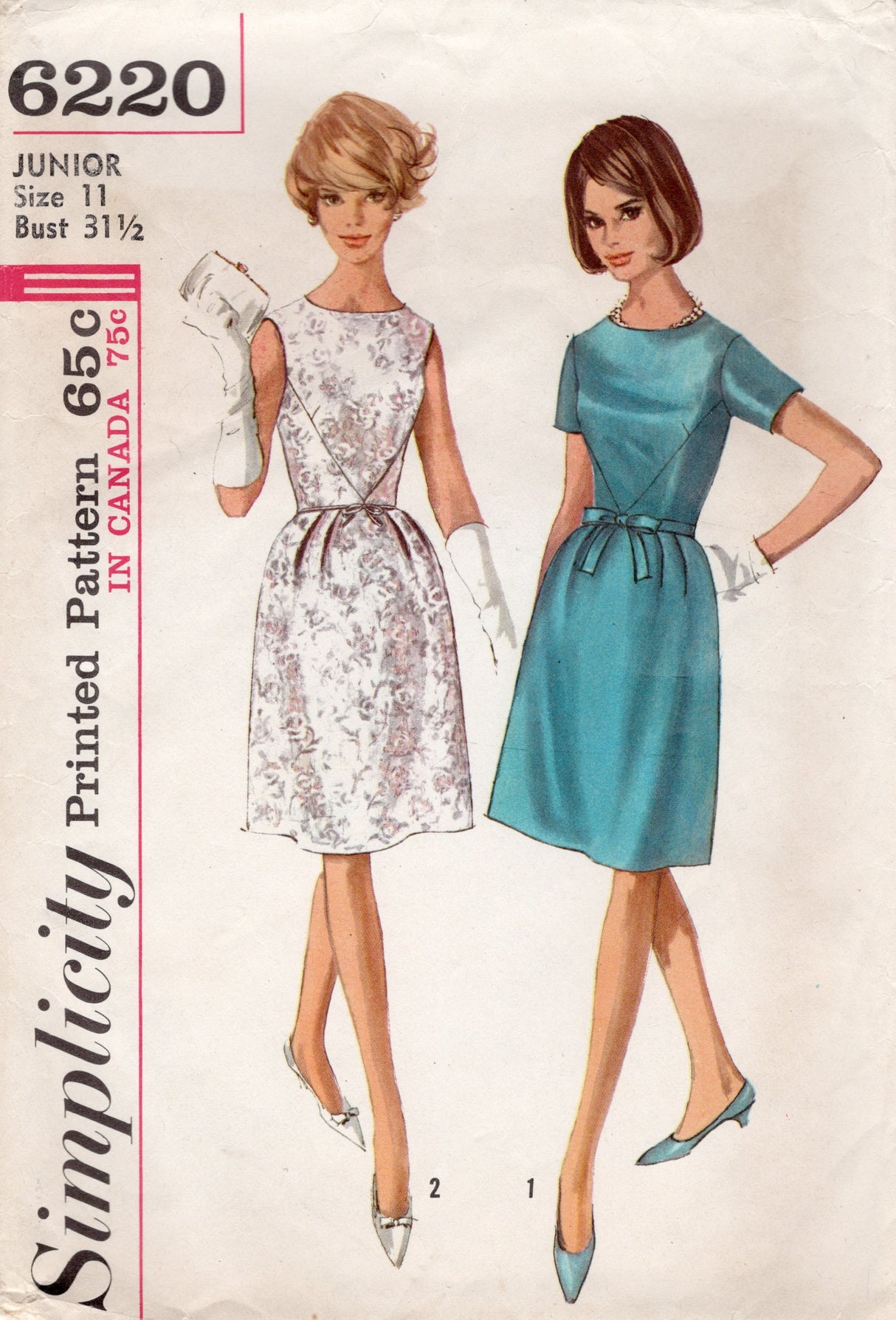 1960's Simplicity One-Piece Dress Pattern with Accent Panel Bodice - Bust 31.5" - No. 6220