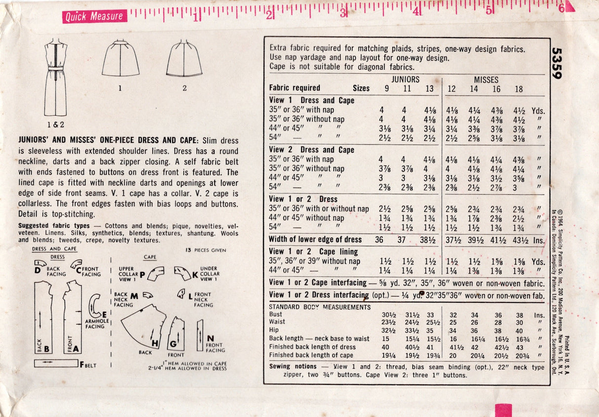 1960's Simplicity Sheath Dress Pattern with Tab Accents and Cape Pattern - Bust 31.5" - No. 5359