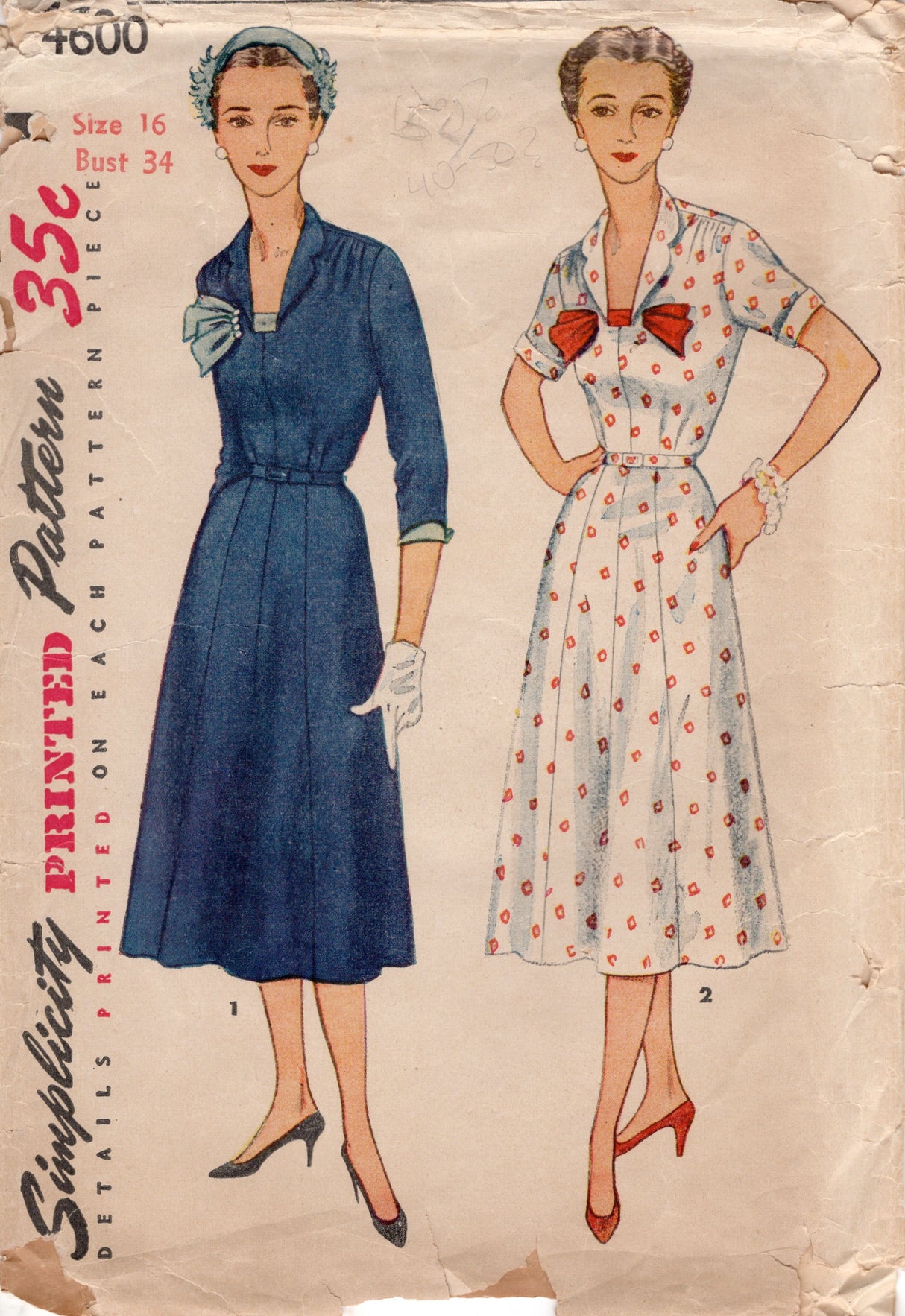 1950's Simplicity One Piece Dress with Contrasting Trim - Bust 34" - No. 4600