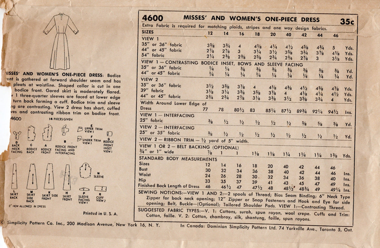 1950's Simplicity One Piece Dress with Contrasting Trim - Bust 34" - No. 4600