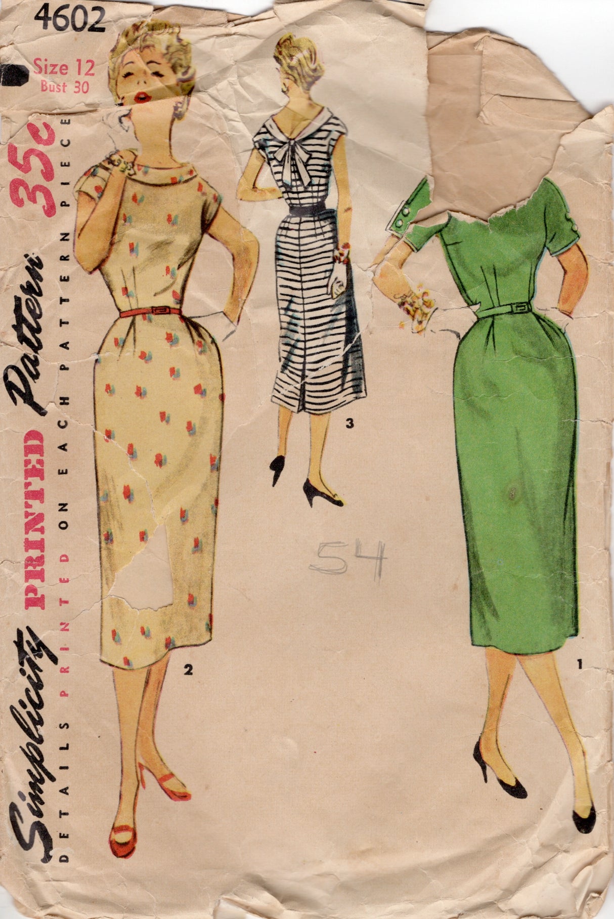 1950's Simplicity One Piece Sheath Dress Pattern with Detachable Collar - Bust 30" - No. 4602