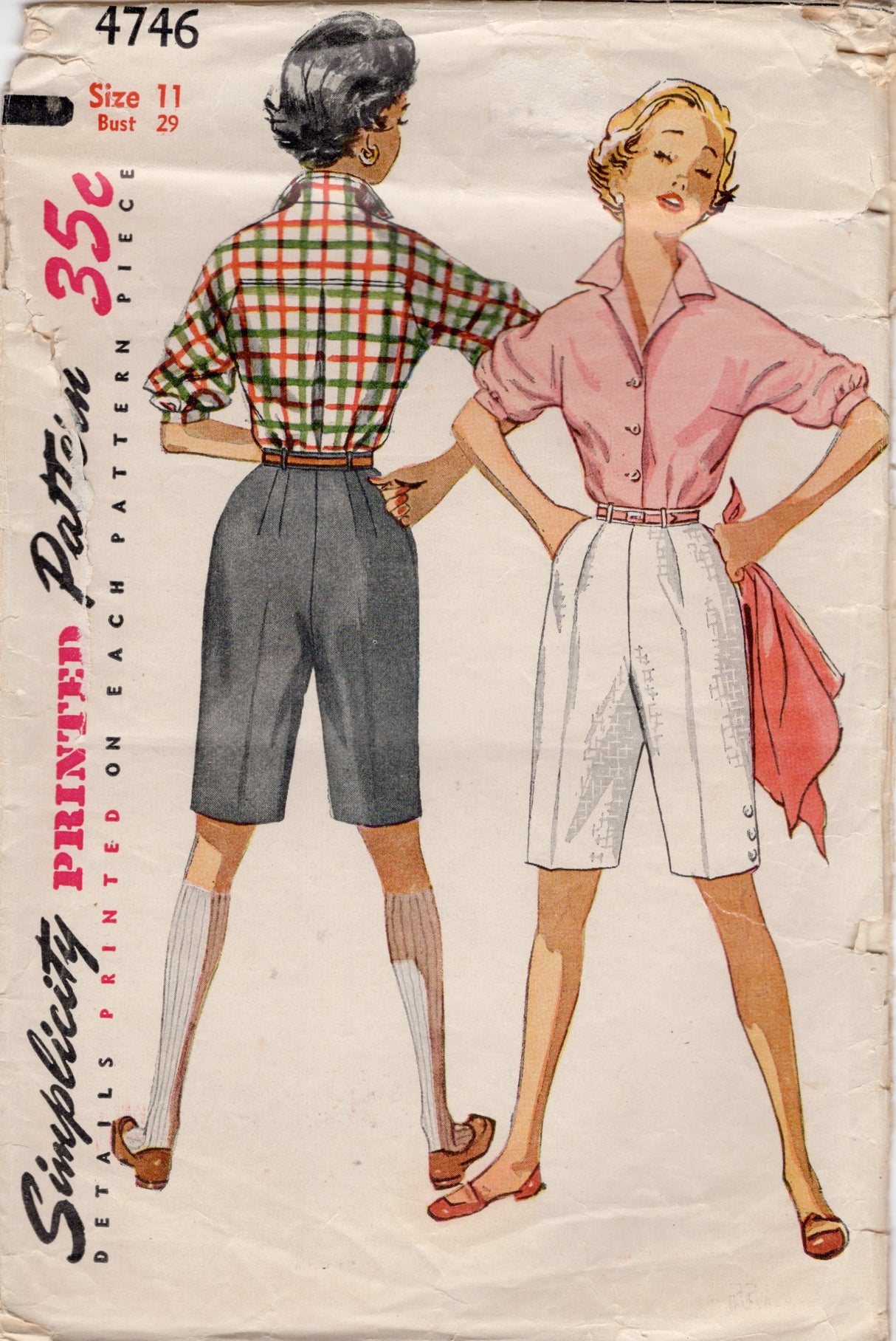 1950's Simplicity Button-Up Blouse with Elbow Length Sleeves and High Waisted Shorts Pattern - Bust 29" - No. 4746