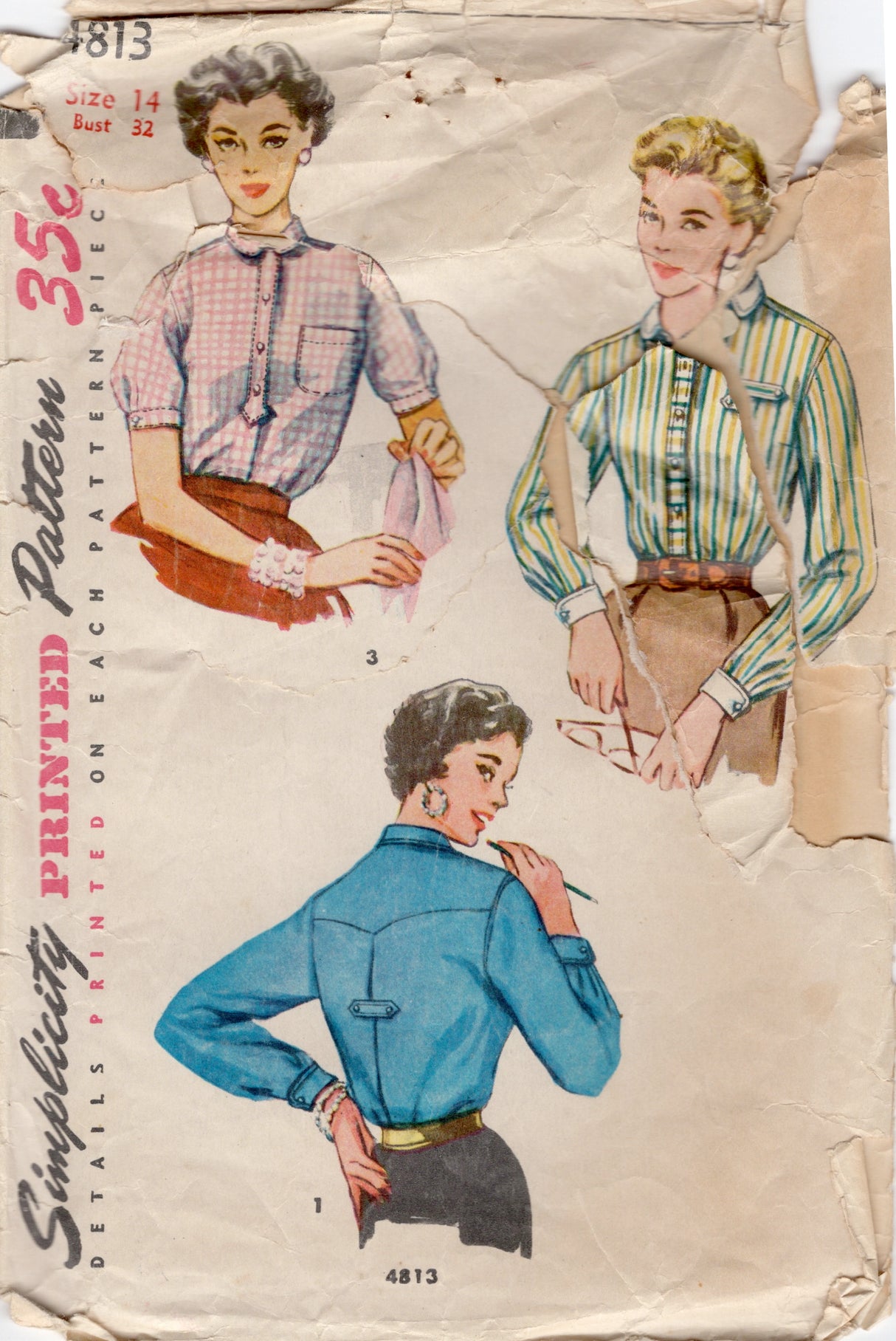 1950's Simplicity "Easy to Make" Button Up Blouse with Western Accents - Bust 32" - No. 4813