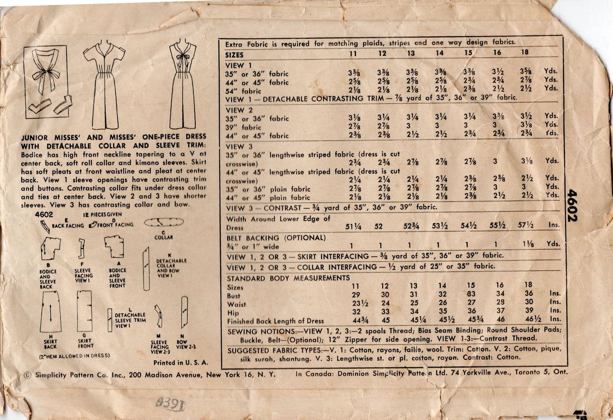 1950's Simplicity One Piece Sheath Dress Pattern with Detachable Collar - Bust 30" - No. 4602