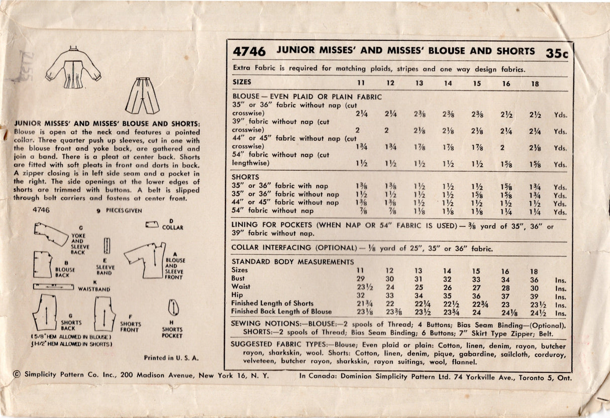 1950's Simplicity Button-Up Blouse with Elbow Length Sleeves and High Waisted Shorts Pattern - Bust 29" - No. 4746