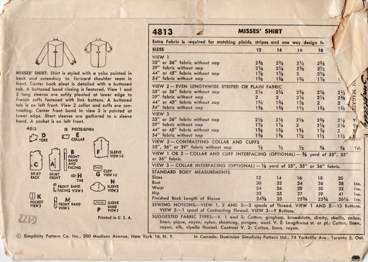 1950's Simplicity "Easy to Make" Button Up Blouse with Western Accents - Bust 32" - No. 4813