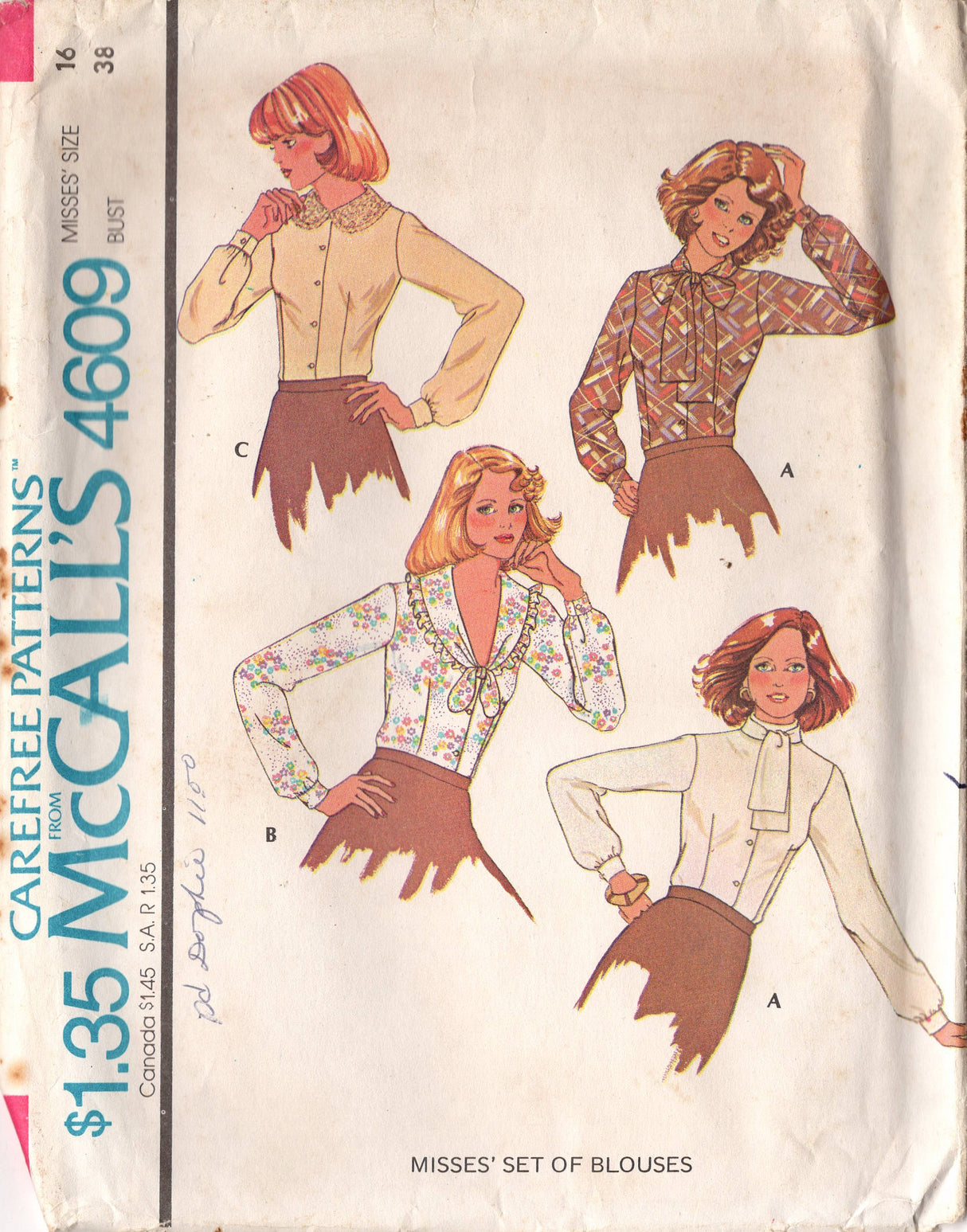 1970's McCall's Button Up Blouse Pattern with Large Collar - Bust 38" - No. 4609