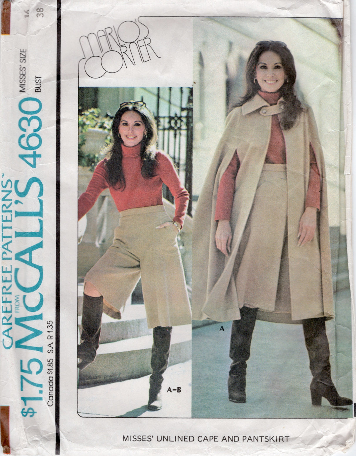 1970's McCall's Unlined Cape and Pant Skirt Pattern - Bust 38" - No. 4630