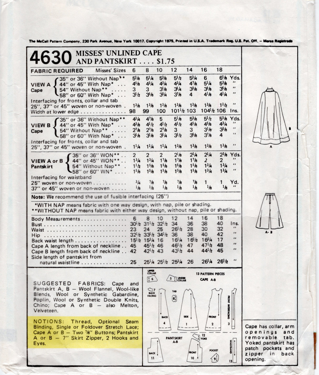1970's McCall's Unlined Cape and Pant Skirt Pattern - Bust 38" - No. 4630