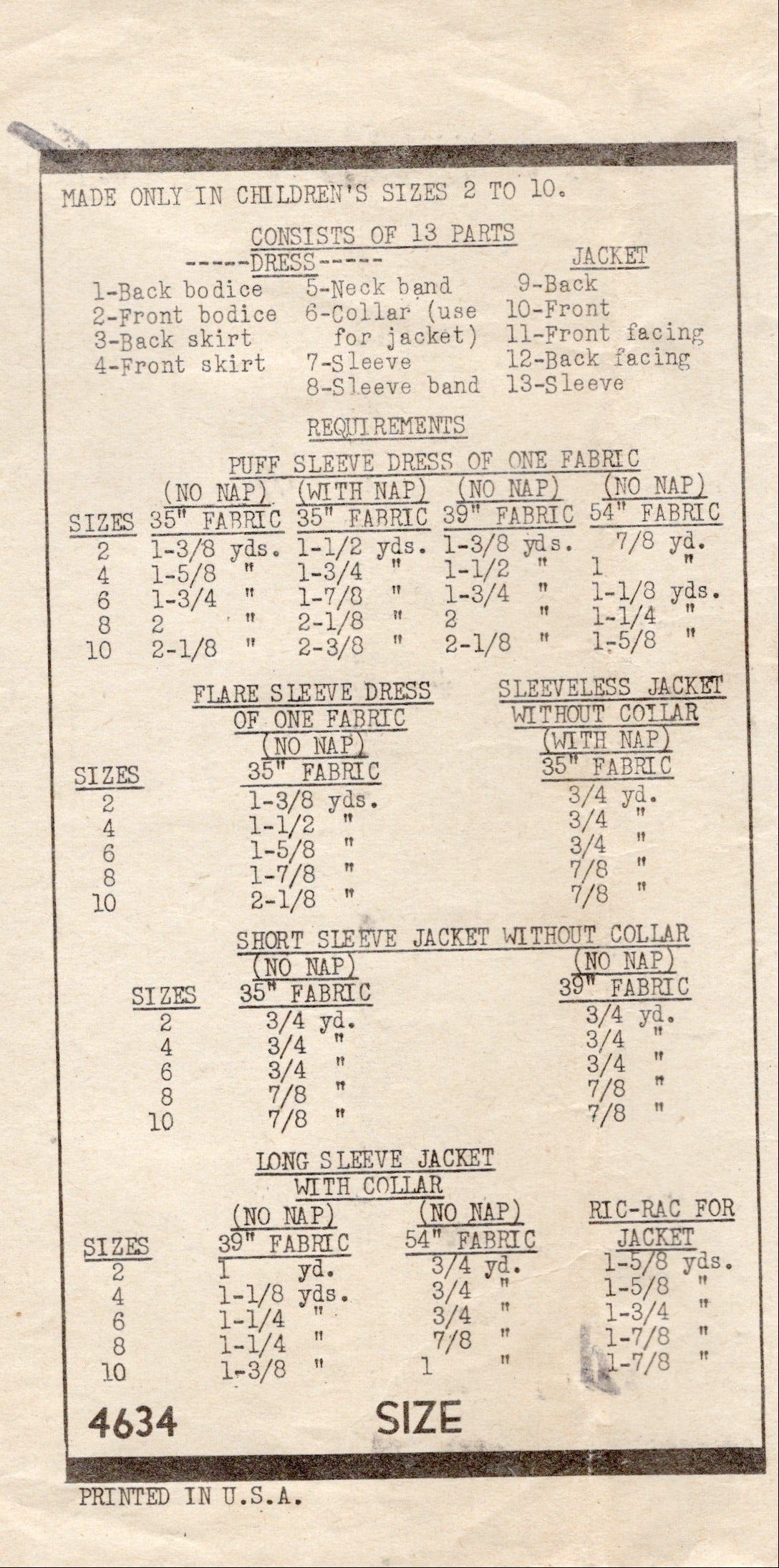 1940's Mail Order Child's Dress and Bolero Jacket Pattern - Chest 24" - No. 4634