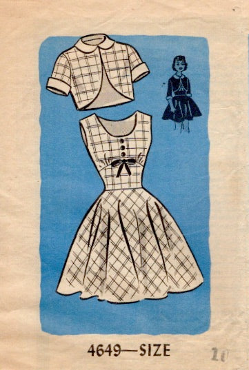 1950's Mail Order Child's Dress and Bolero Jacket Pattern - Chest 28" - No. 4649