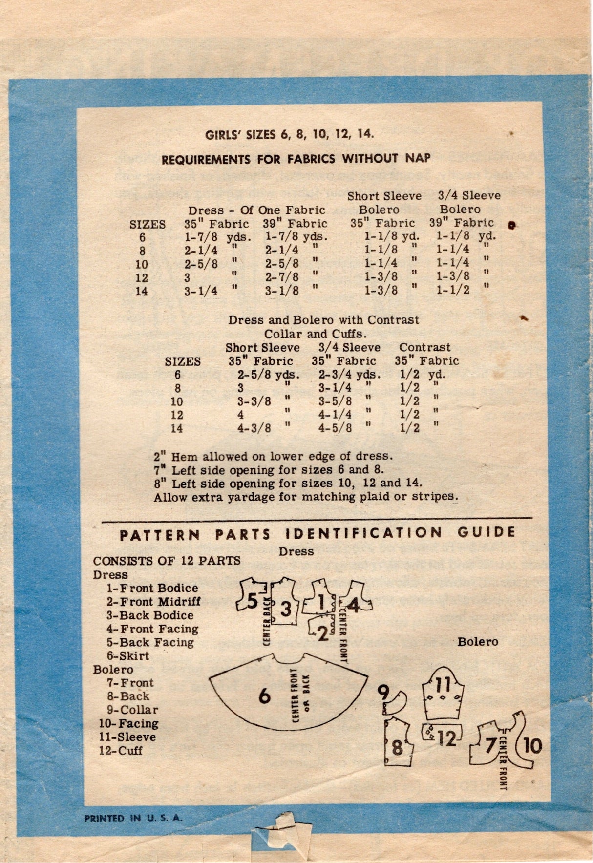 1950's Mail Order Child's Dress and Bolero Jacket Pattern - Chest 28" - No. 4649