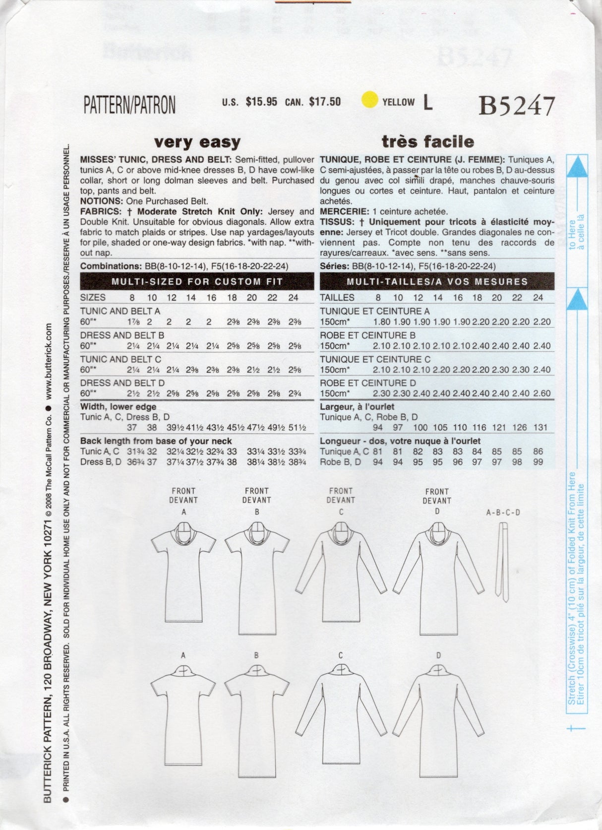 2000's Butterick Cowl Neck Tunic Top or Dress Pattern - Bust 31.5-36" - No. 5247