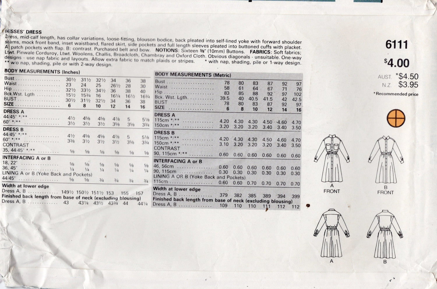 1980's Butterick Shirtwaist Button Up Dress Pattern - Bust 30.5-32.5" - No. 6111