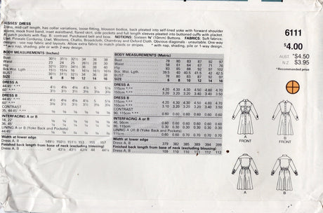 1980's Butterick Shirtwaist Button Up Dress Pattern - Bust 30.5-32.5" - No. 6111