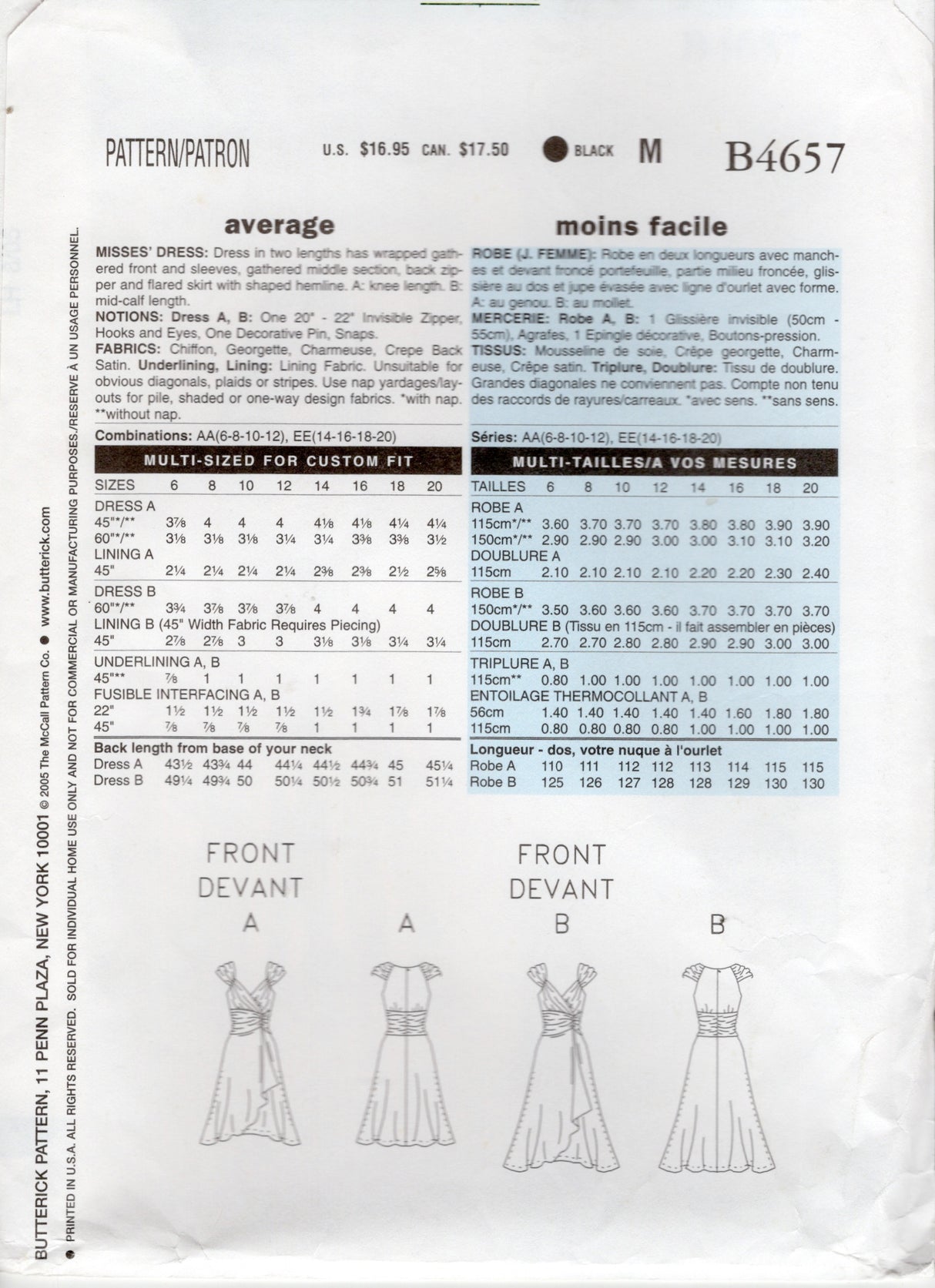 2000's Butterick Gathered Surplice Bodice Dress Pattern - Bust 30.5-34" - No. 4657