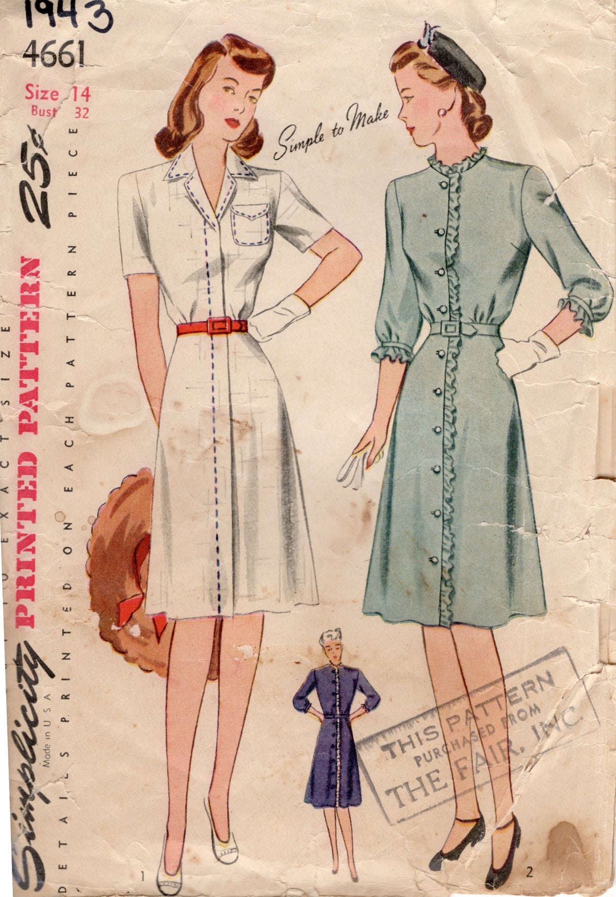 1940's Simplicity One Piece Button Up Dress Pattern with Fly Front or Ruffle - Bust 32" - No. 4661
