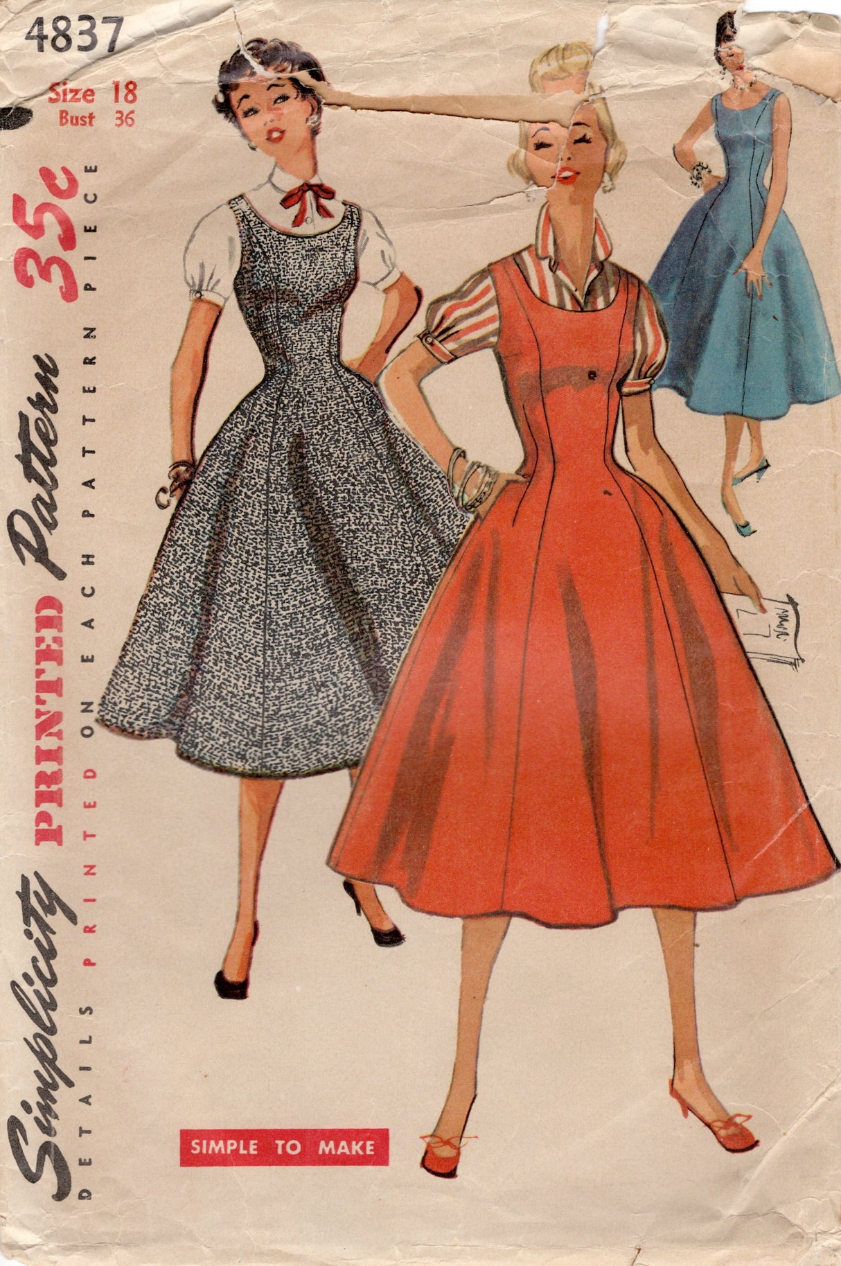 1950’s Simplicity Princess Line Jumper Dress and Blouse Pattern - Bust 36" - No. 4837