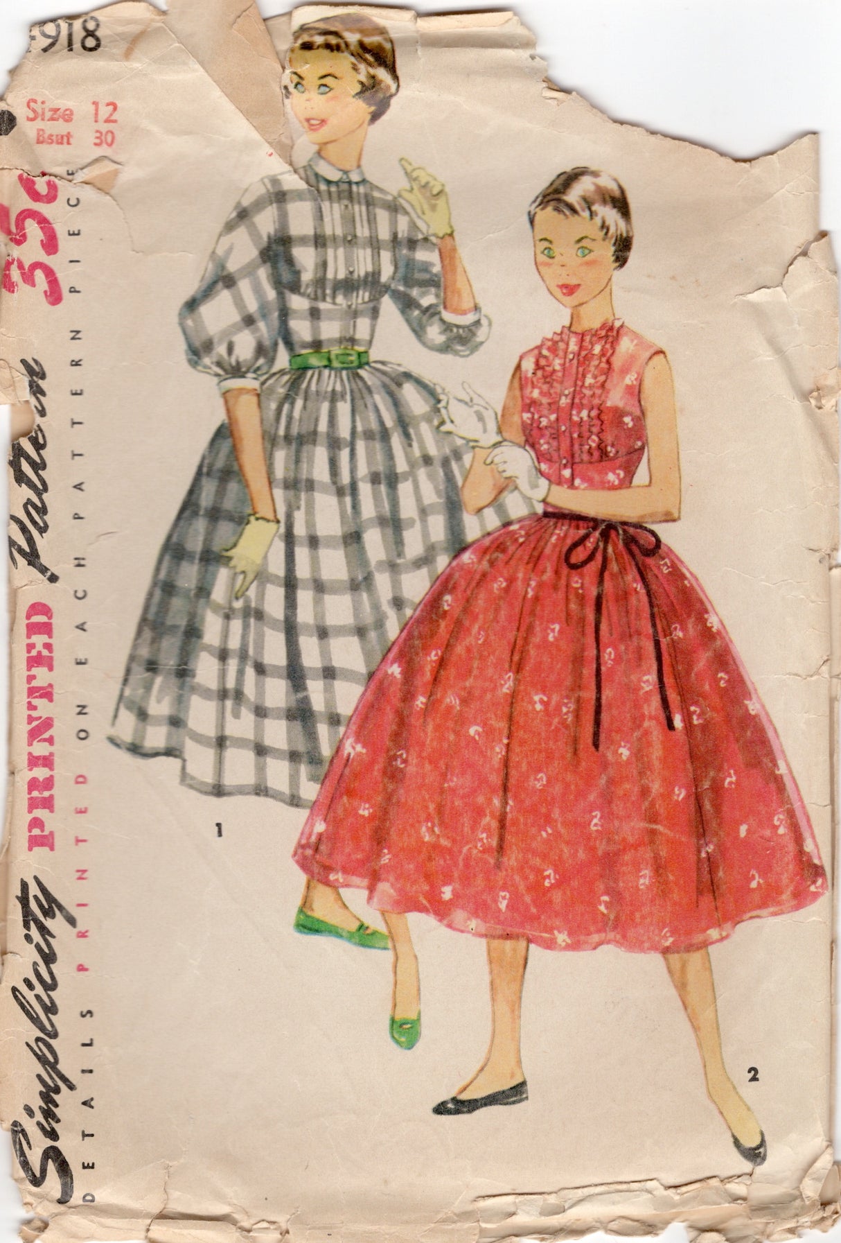 1950’s Simplicity Fitted Waist Fit and Flare Dress with Pin Tuck Bodice and Balloon Sleeves - Bust 30" - No. 4918