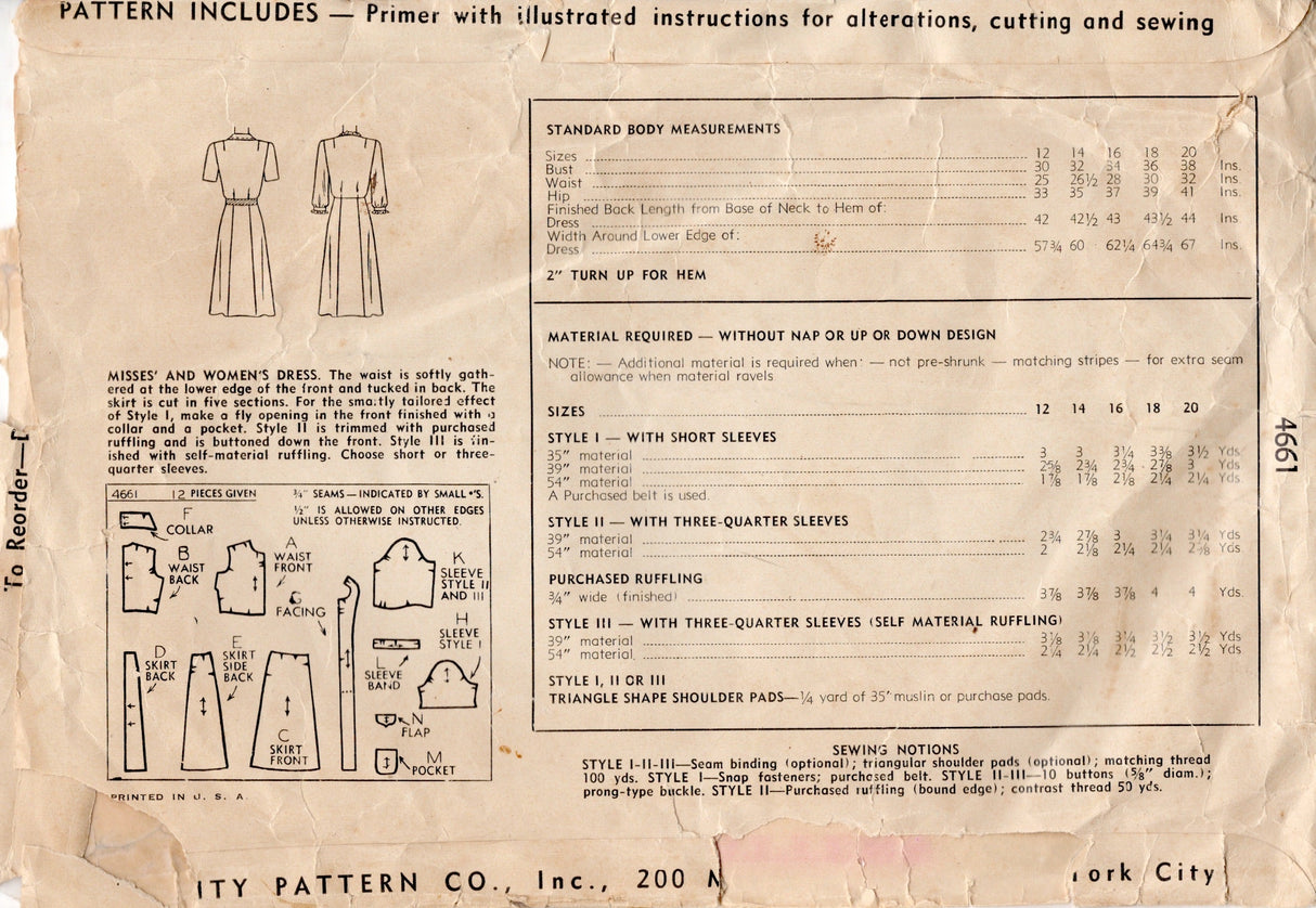 1940's Simplicity One Piece Button Up Dress Pattern with Fly Front or Ruffle - Bust 32" - No. 4661