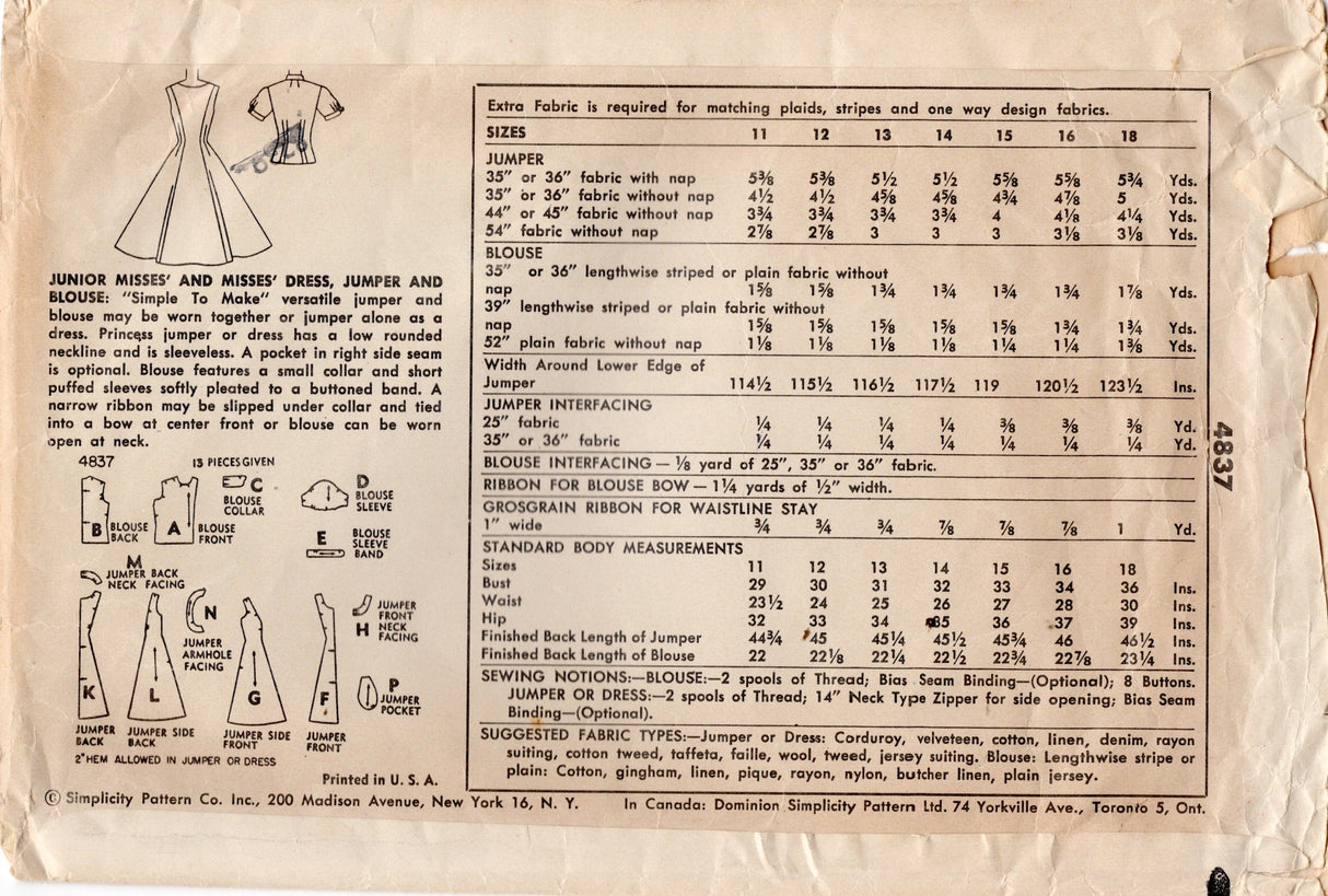 1950’s Simplicity Princess Line Jumper Dress and Blouse Pattern - Bust 36" - No. 4837