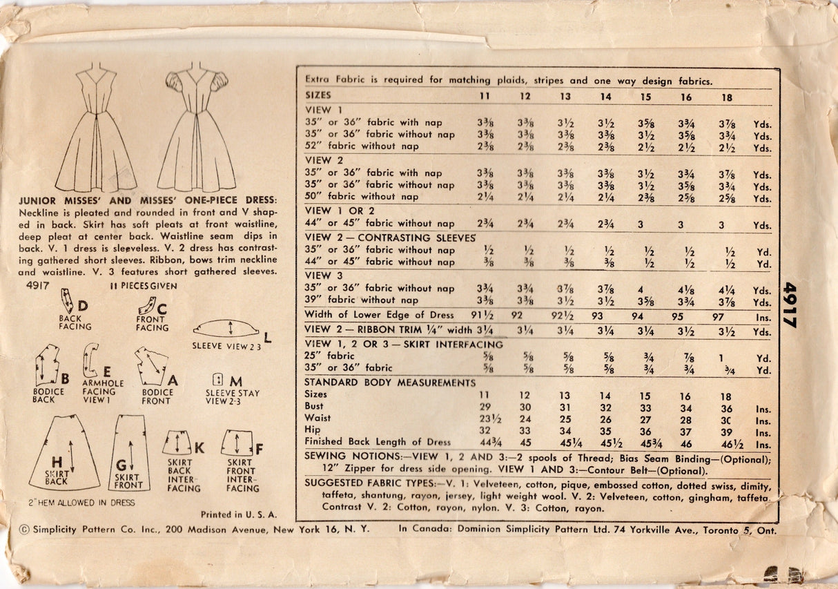 1950’s Simplicity Fit and Flare Dress Pattern with Puff Sleeves and Tucked Bodice Detail - Bust 32" - No. 4917