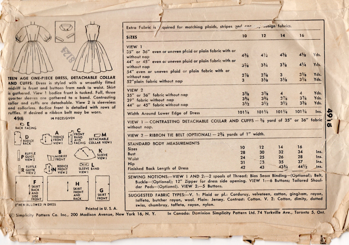 1950’s Simplicity Fitted Waist Fit and Flare Dress with Pin Tuck Bodice and Balloon Sleeves - Bust 30" - No. 4918