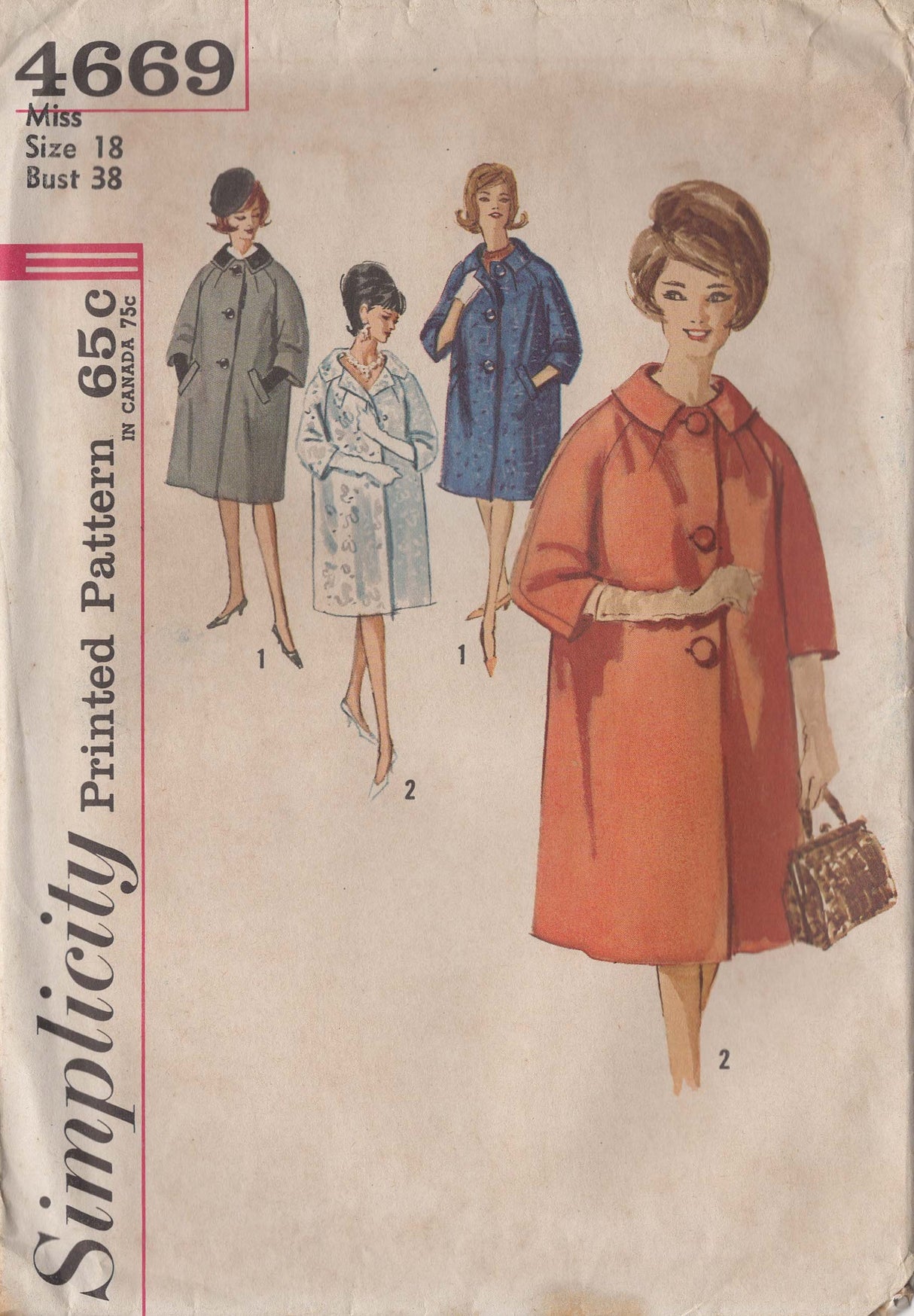 1960's Simplicity Coat Pattern - Bust 38" - No. 4669