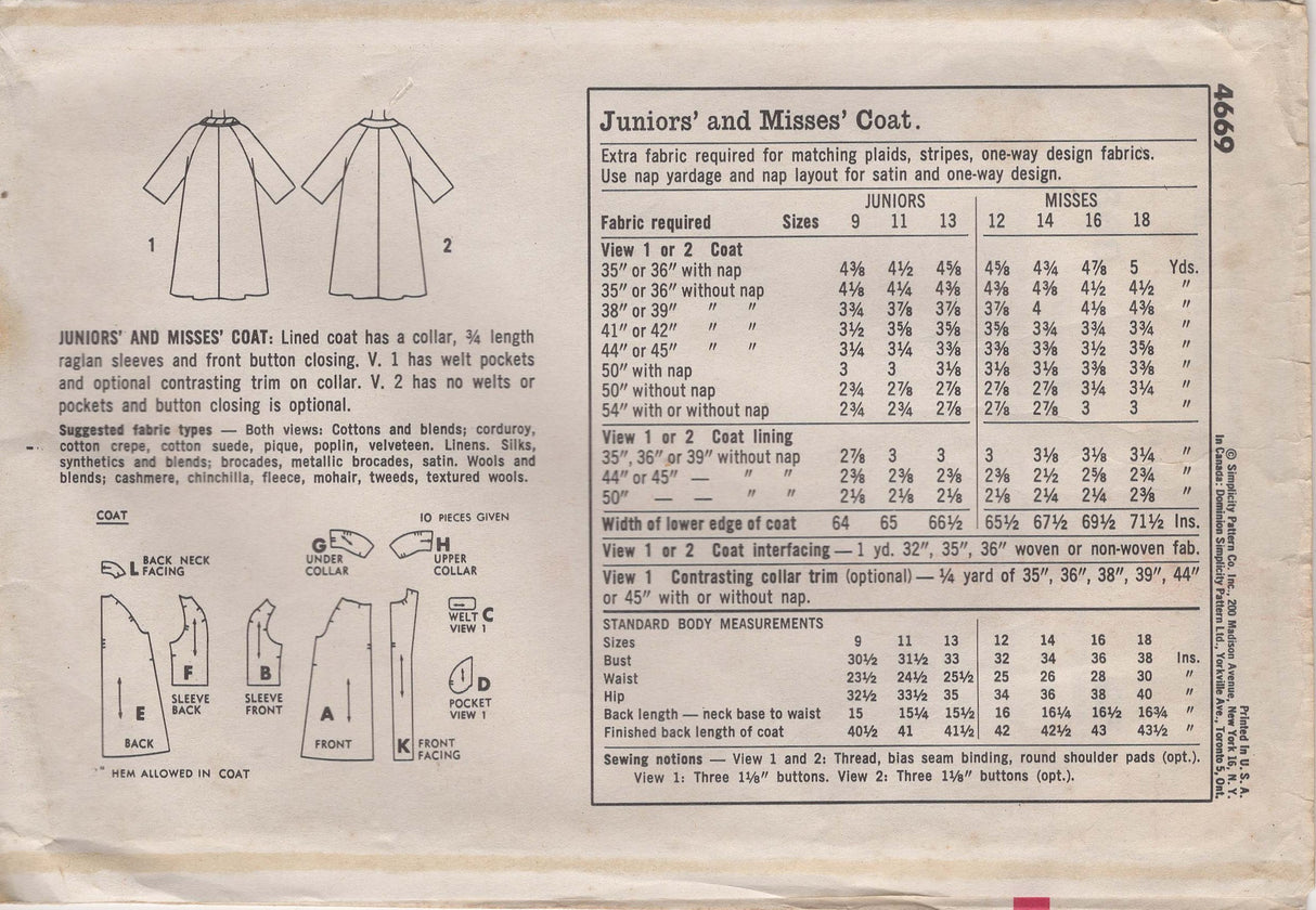 1960's Simplicity Coat Pattern - Bust 38" - No. 4669