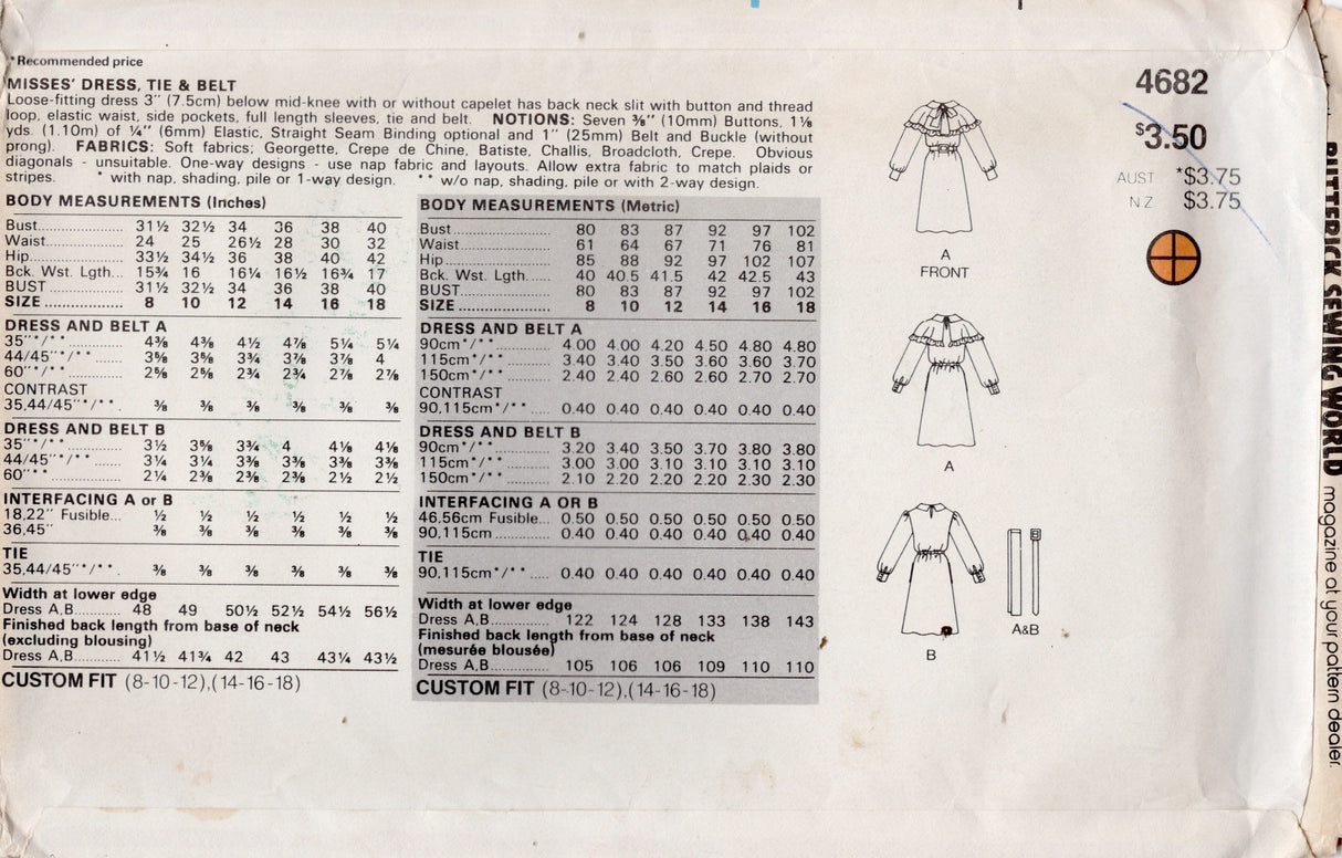 1980's Butterick Dress Pattern with Optional Capelet Accent - Bust 31.5-34" - No. 4682