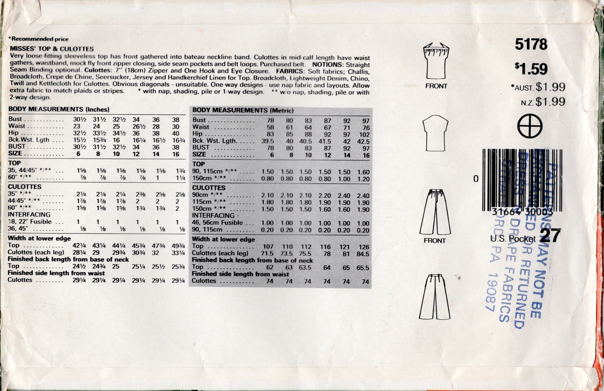 1980's See & Sew Butterick Blouse and Culottes Pattern - Bust 34-38" - No. 5178