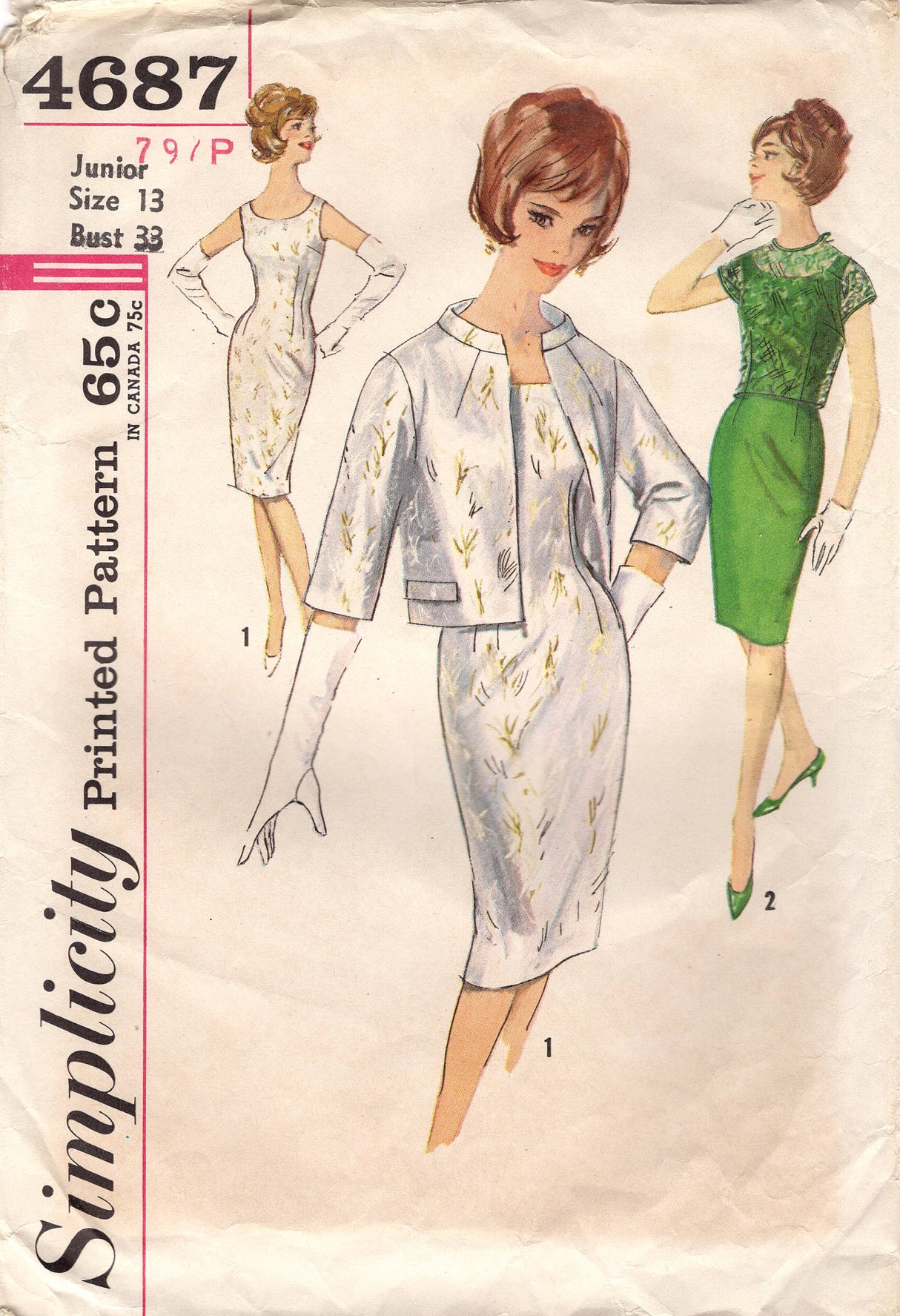 1960's Simplicity Sheath Dress Pattern and Bolero Jacket with Stand Collar - Bust 33" - No. 4687