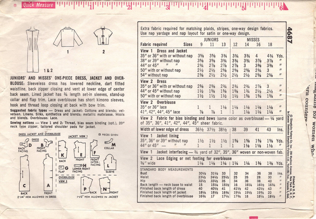 1960's Simplicity Sheath Dress Pattern and Bolero Jacket with Stand Collar - Bust 33" - No. 4687