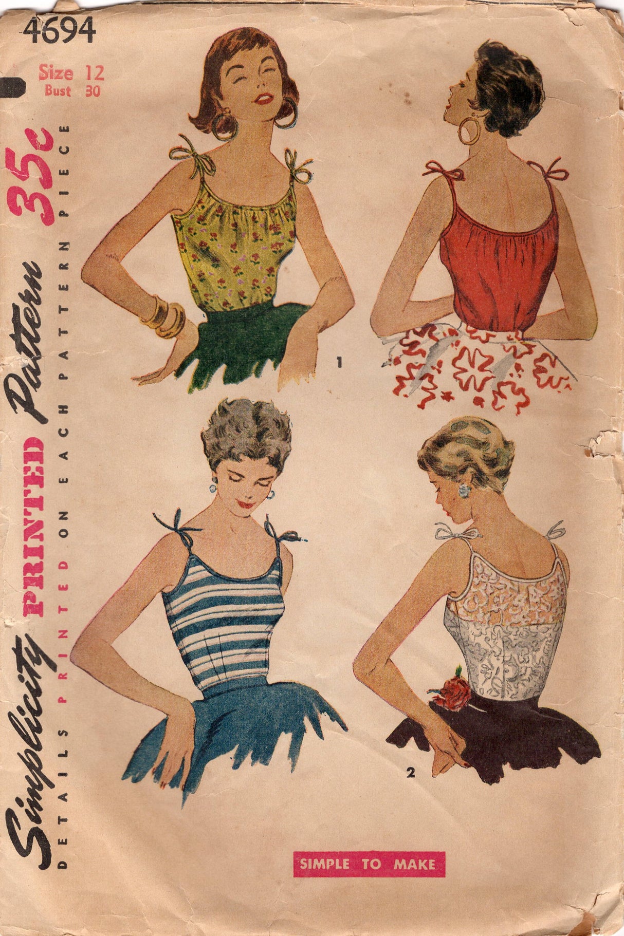 1950's Simplicity Tie Shoulder Strapped Blouse Pattern - Bust 30" - No. 4694