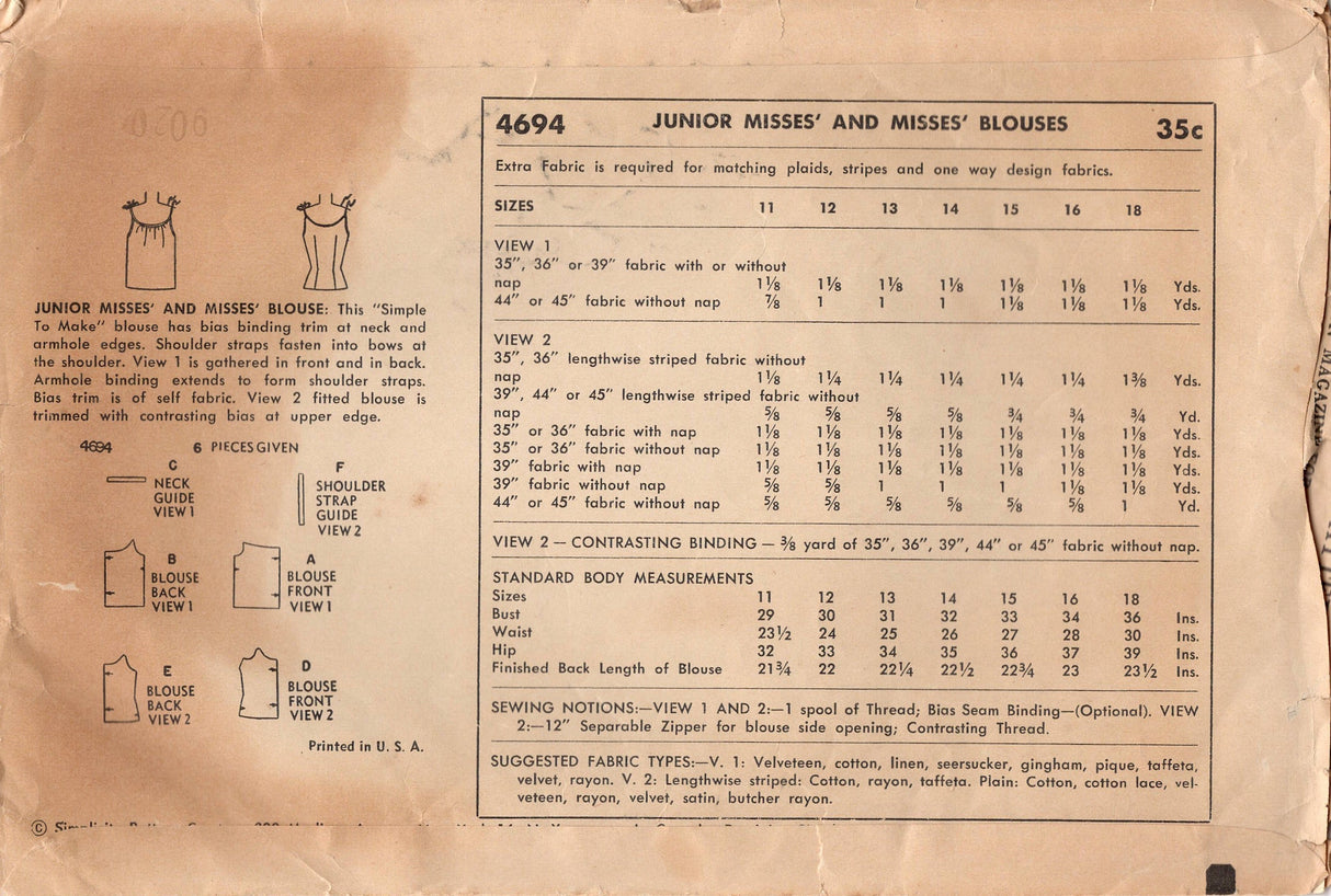 1950's Simplicity Tie Shoulder Strapped Blouse Pattern - Bust 30" - No. 4694