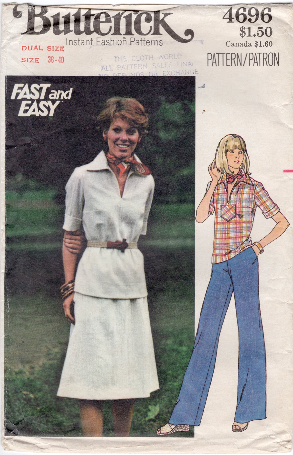 1970's Butterick Shirt, Skirt, and Pants Pattern - Bust 42-44" - No. 4696
