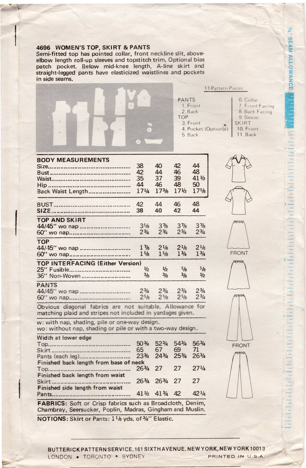 1970's Butterick Shirt, Skirt, and Pants Pattern - Bust 42-44" - No. 4696