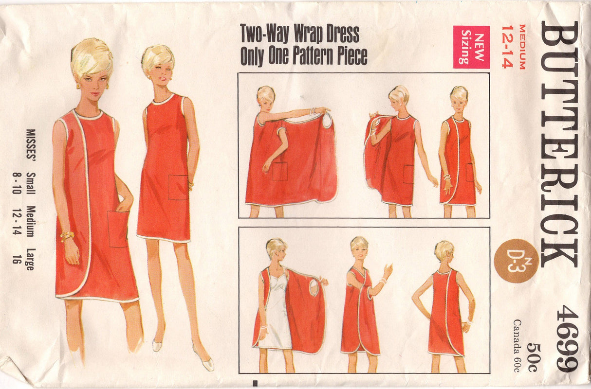1960's Butterick Two Way Wrap Dress Pattern - Bust 34-36" - No. 4699