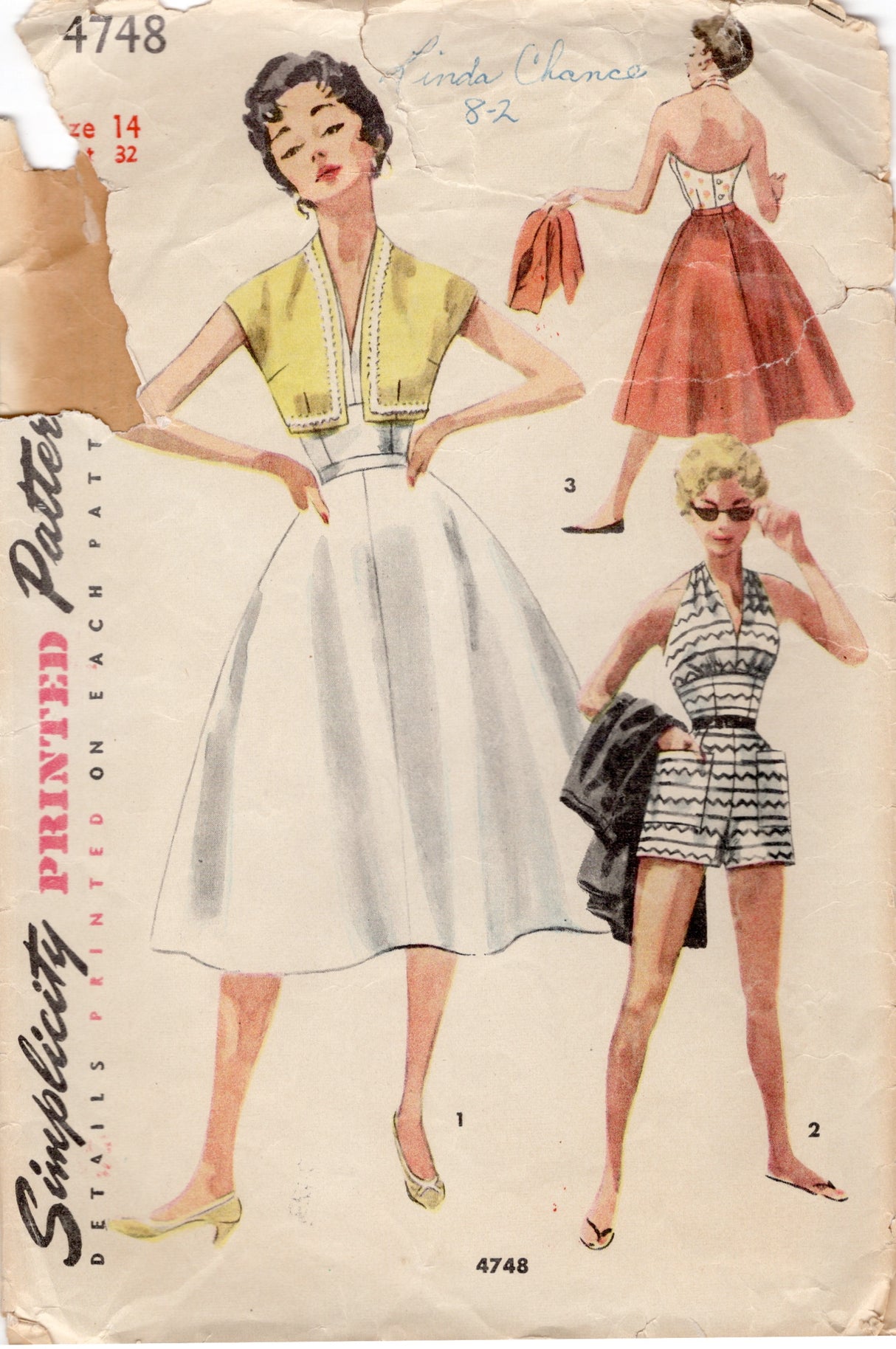 1950's Simplicity Halter Top, High Waisted Shorts, Skirt and Bolero Jacket Pattern - Bust 32" - No. 4748