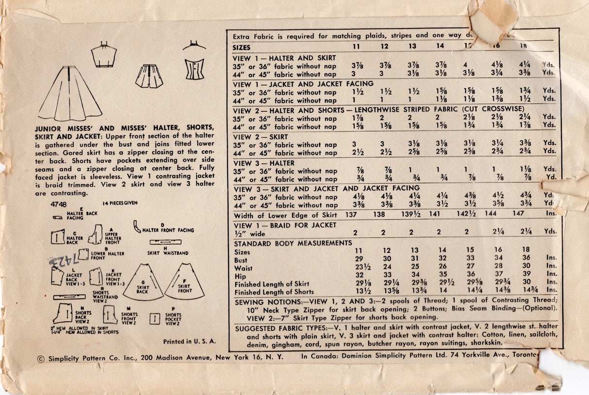 1950's Simplicity Halter Top, High Waisted Shorts, Skirt and Bolero Jacket Pattern - Bust 32" - No. 4748