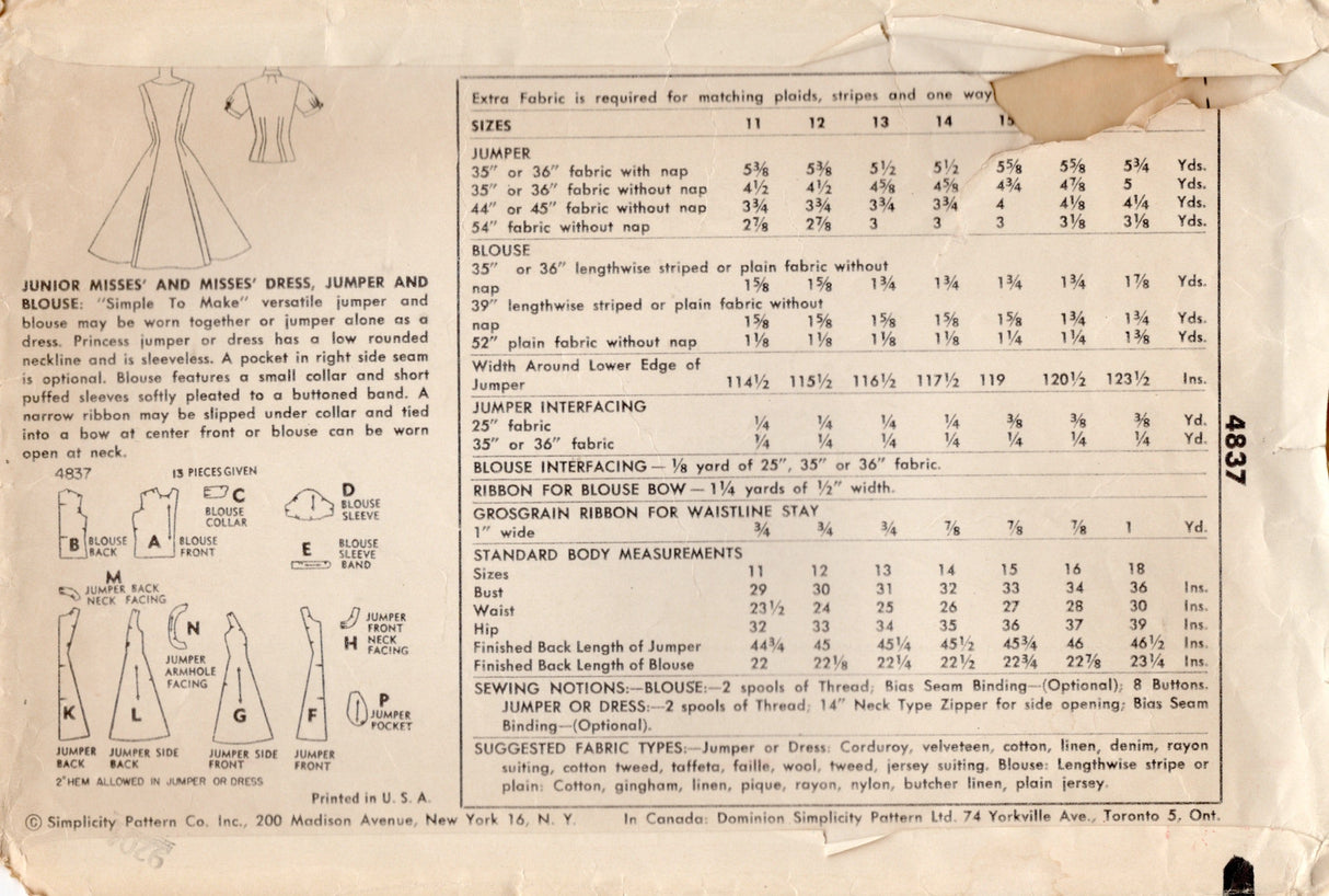 1950's Simplicity Princess Line Jumper Dress and Blouse Pattern - Bust 32" - No. 4837