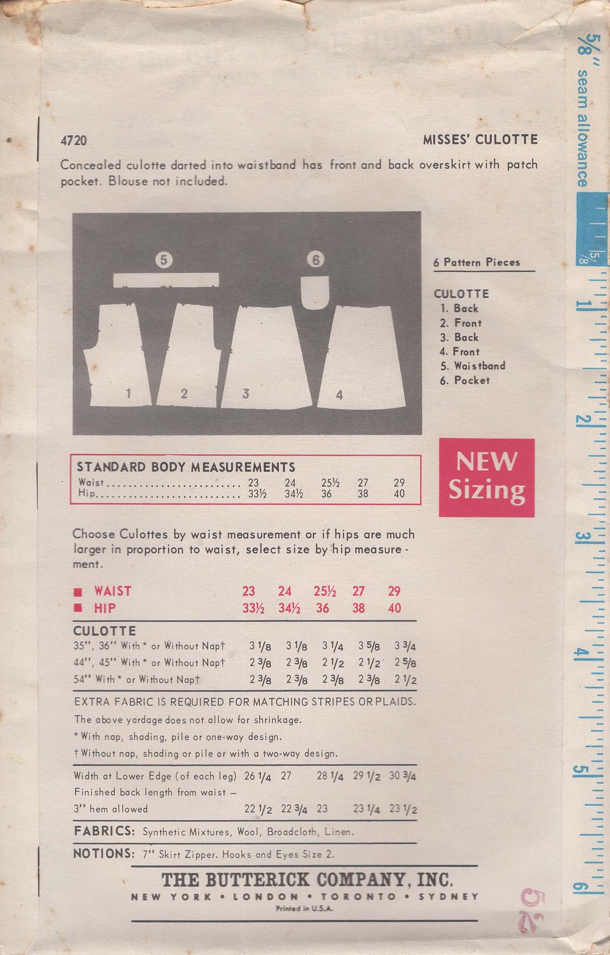 1960’s Butterick Wrap Skort Pattern – Waist 24” - No. 4720