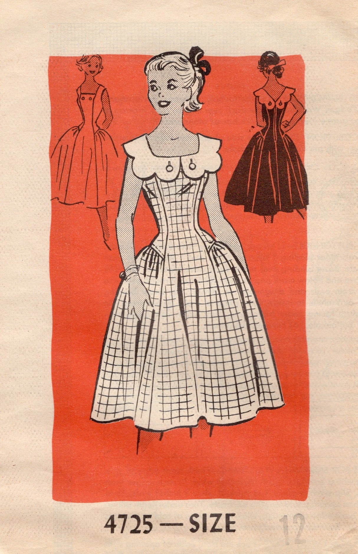 1950's Anne Adams One Piece Dress with Gathered Skirt panels and Button on Scallop Collar - Bust 30" - No. 4725